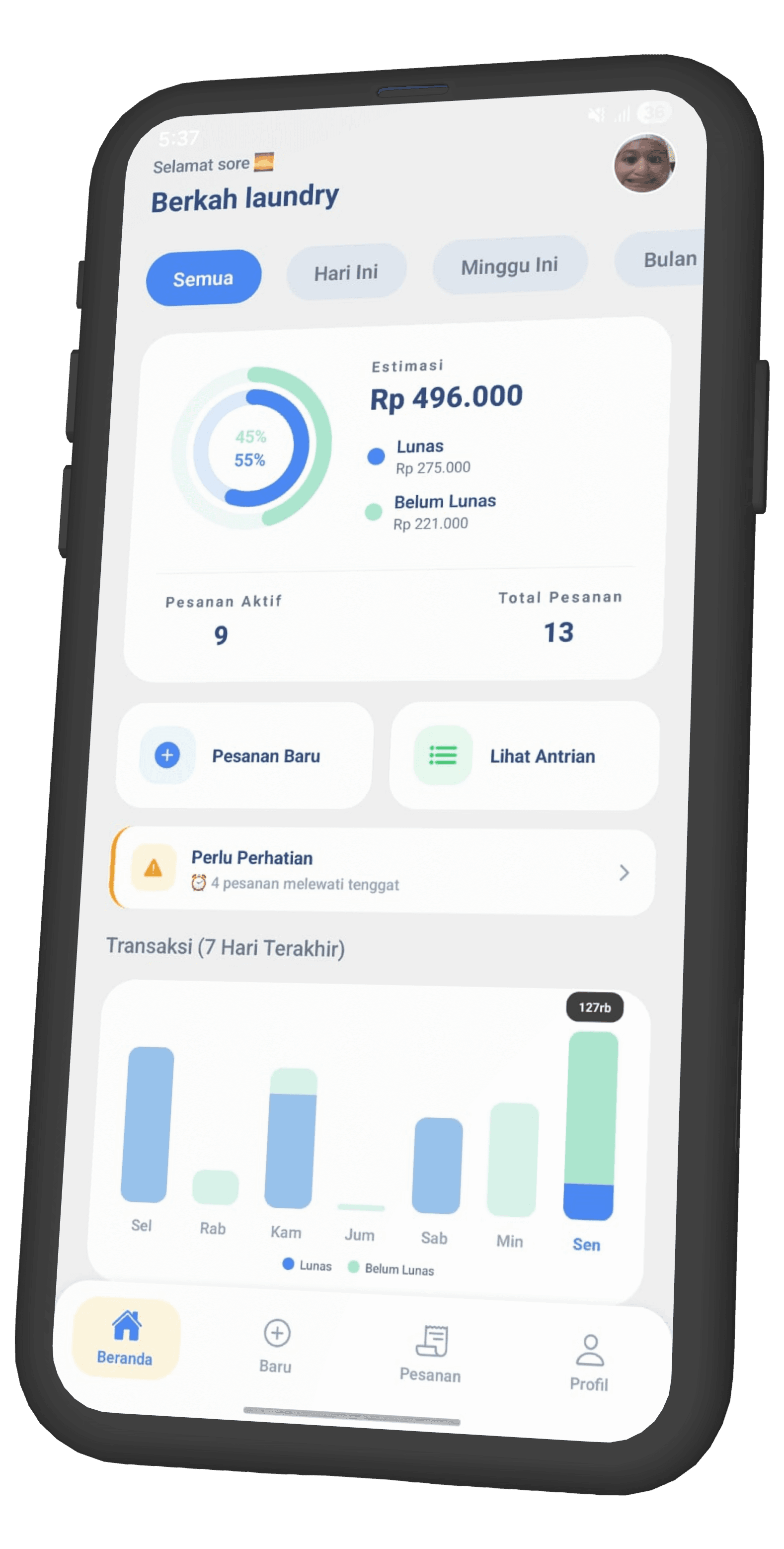 Tampilan dashboard aplikasi Cuciklik - Solusi Manajemen Laundry Offline